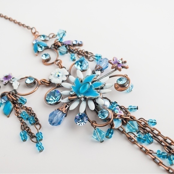 𝅺Copper Floral Pendant Necklace Statement Blue White Crystal Rhinestone Enamel - Picture 10 of 13
